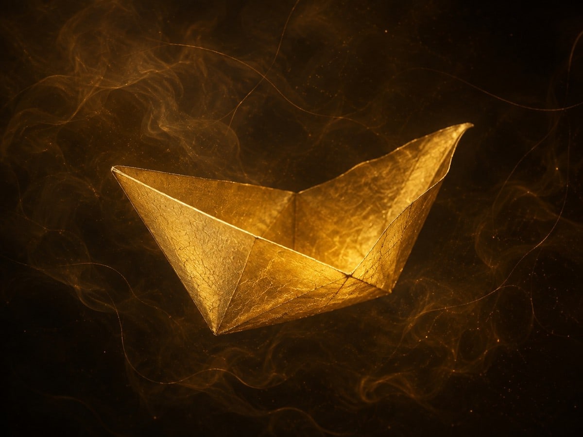 A blank folded gold vessel with a slightly open corner floats in hazy warm darkness.