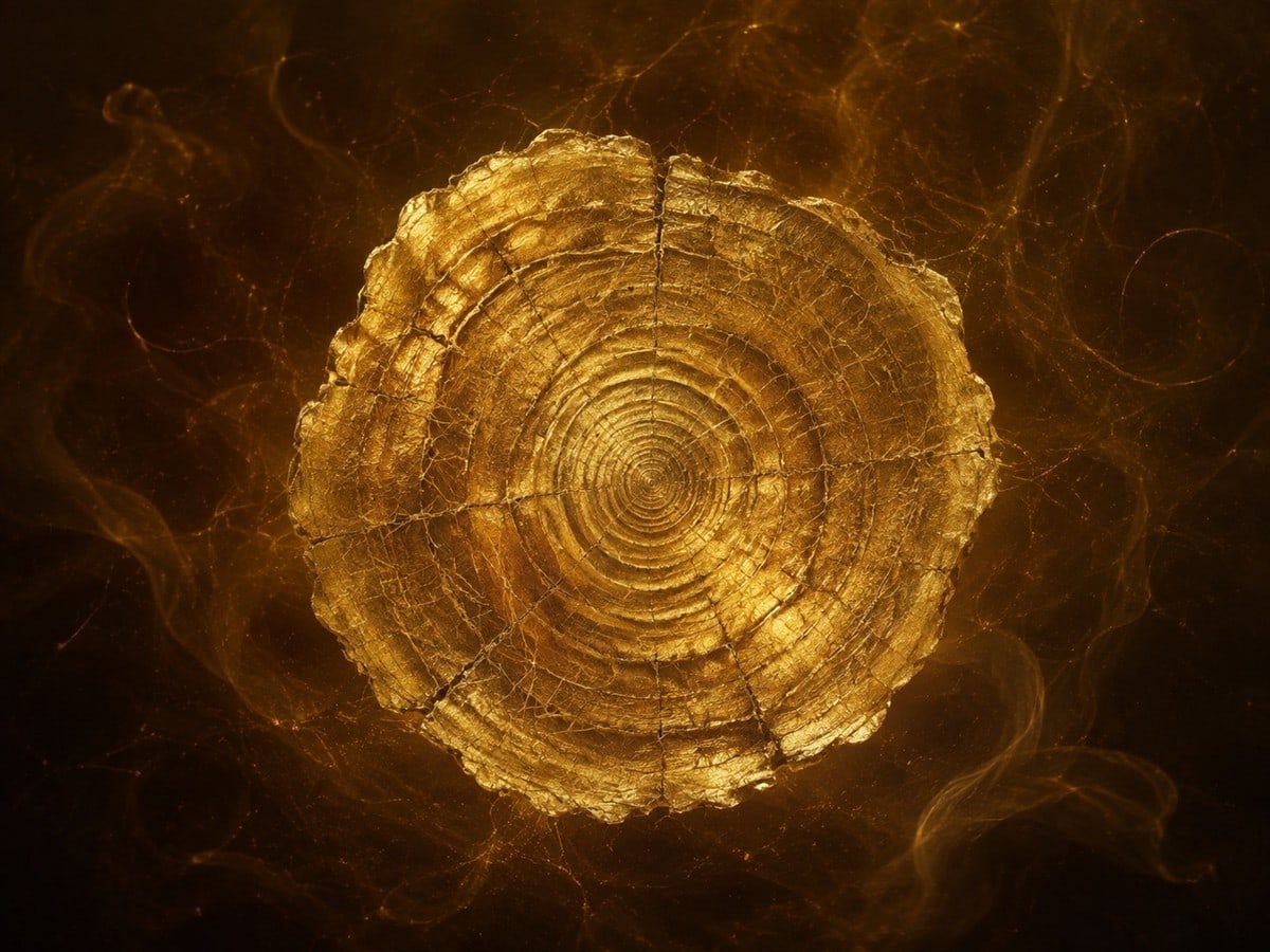 A glowing gold cross-section of concentric tree rings floats in smoky warm darkness.