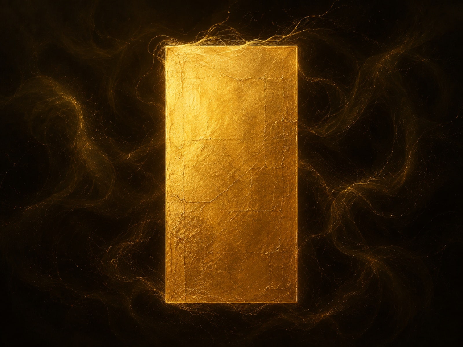 A tall closed golden door-shaped slab floats in a dark smoky haze with fine gold threads.