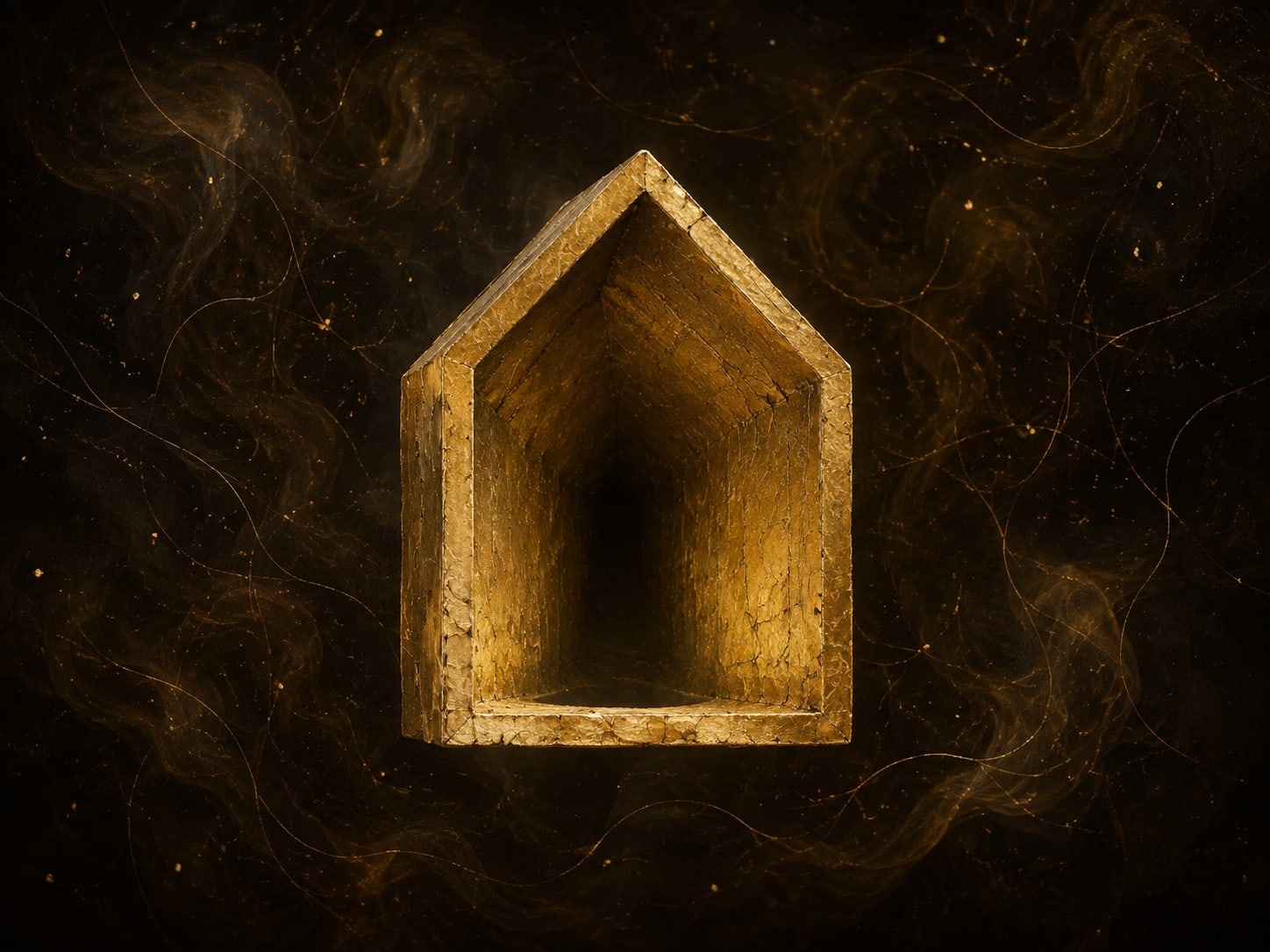 A textured gold house-shaped hollow form with a dark recessed opening floats in smoky near-black space.