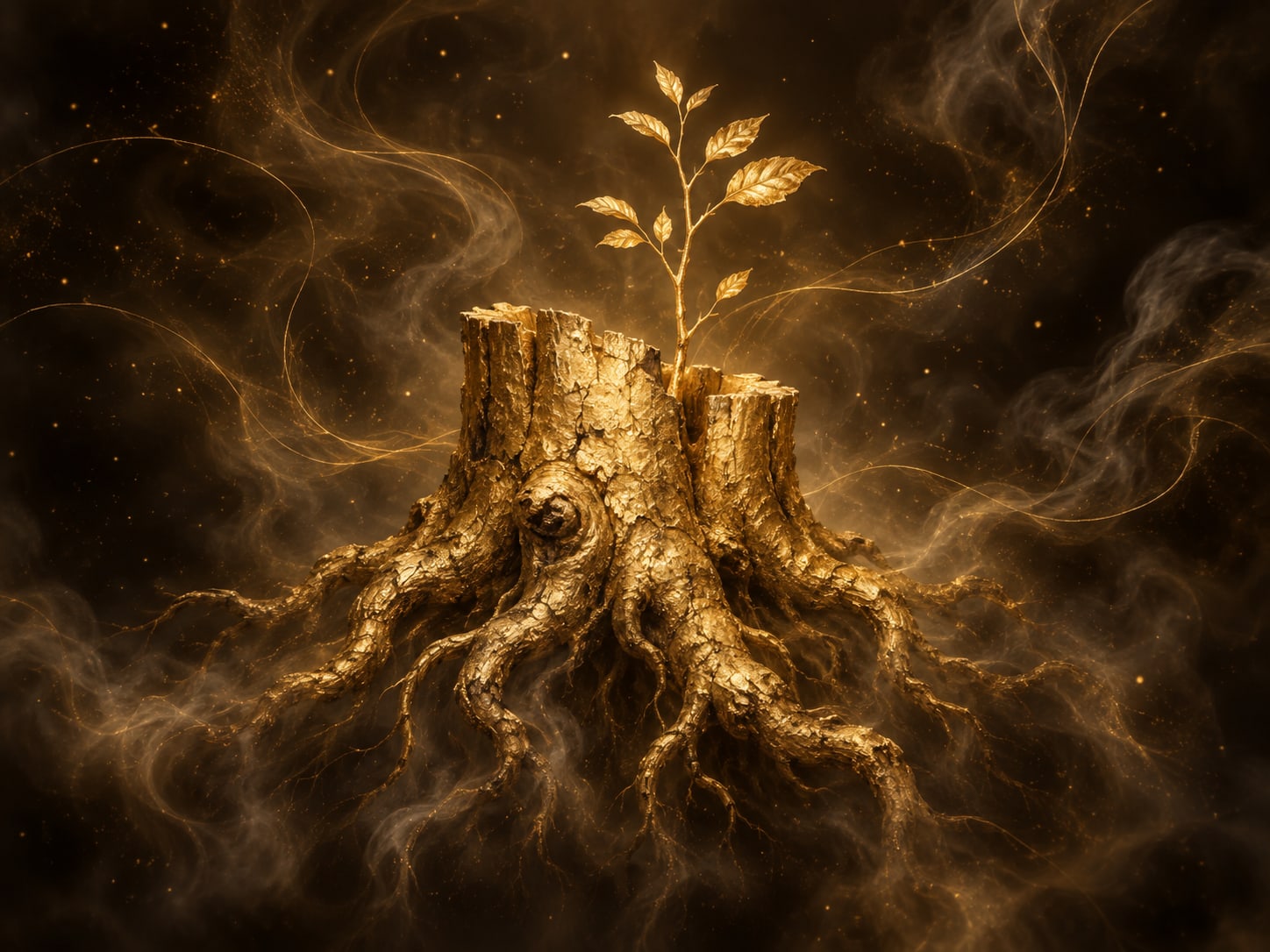 A small gold sapling grows from the roots of a broad gold tree stump in dark haze.