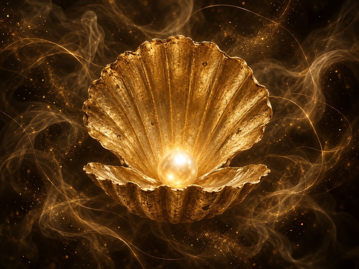 A glowing pearl rests inside an open ridged gold seashell in smoky darkness.