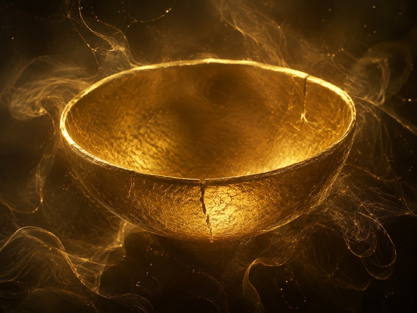 An empty gold bowl floats in a dark space filled with soft golden haze.