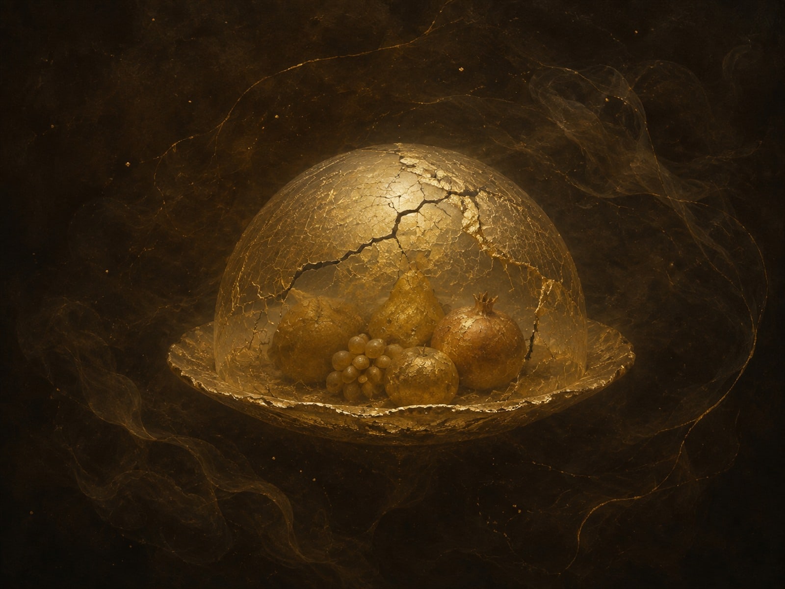 A cracked gold dome covers a small arrangement of fruit on a gold platter in a dark hazy space.