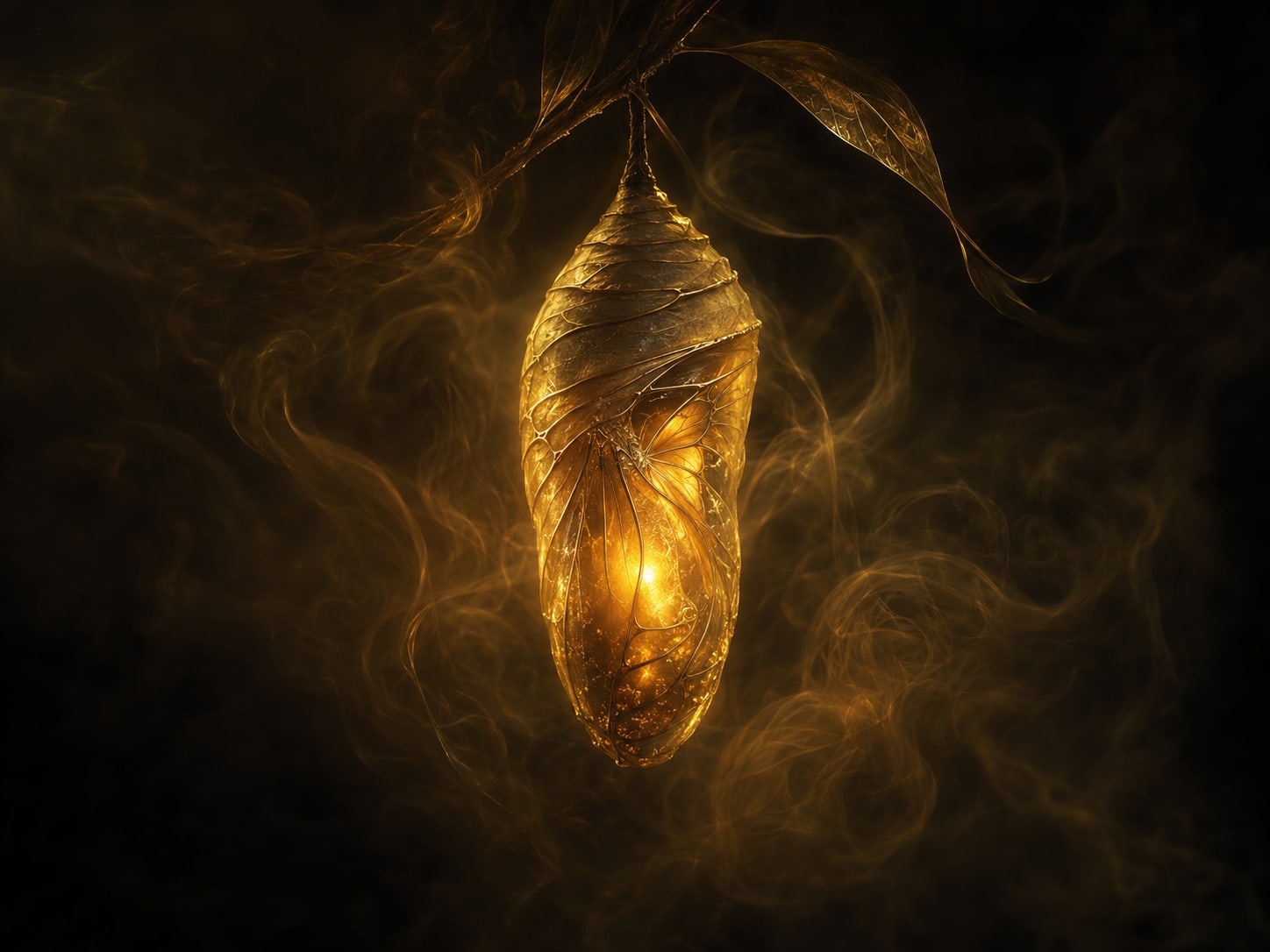 A luminous chrysalis of gold suspended in drifting smoke, glowing quietly from within.