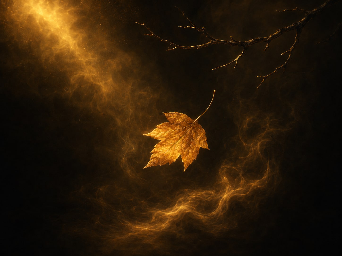 A single autumn gold leaf just released from a bare dark branch, drifting down through warm bloom.