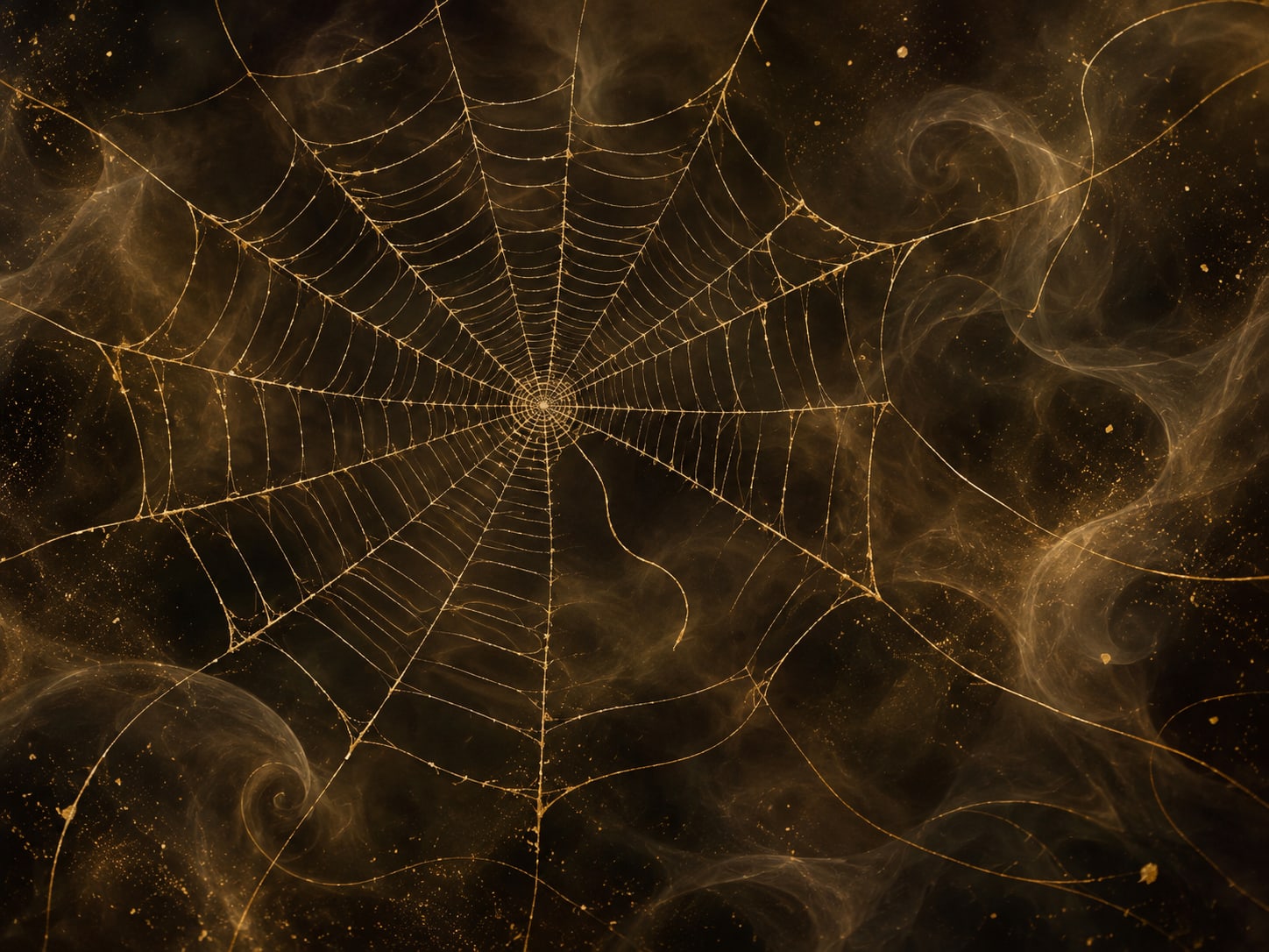 A delicate gold spider web floats in smoky darkness with one broken strand loose near its center.