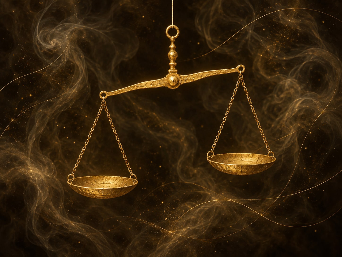 A gold balance with two empty pans hangs slightly unevenly in smoky dark space.