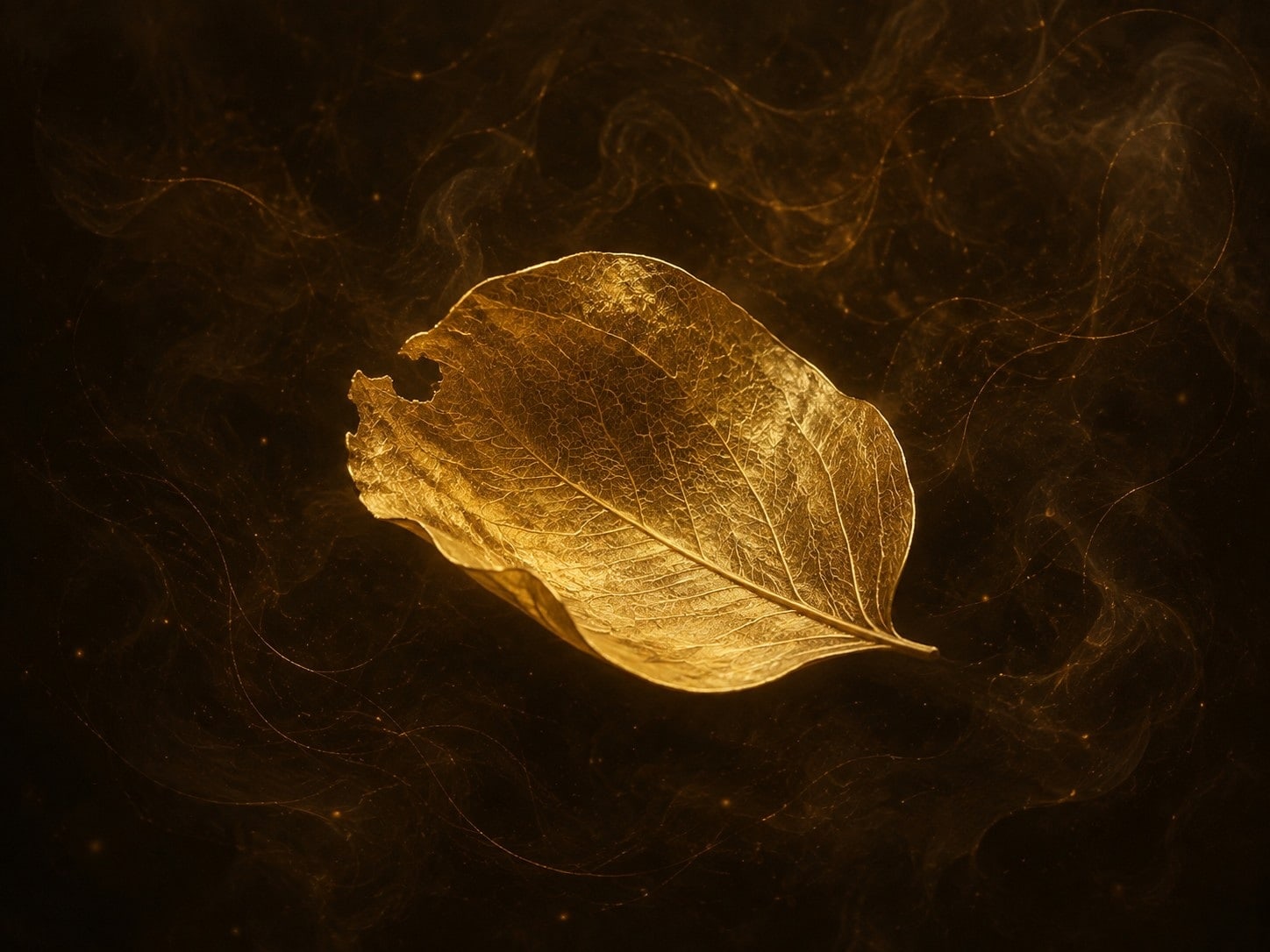 A curled gold leaf with visible veins floats in a warm dark haze.