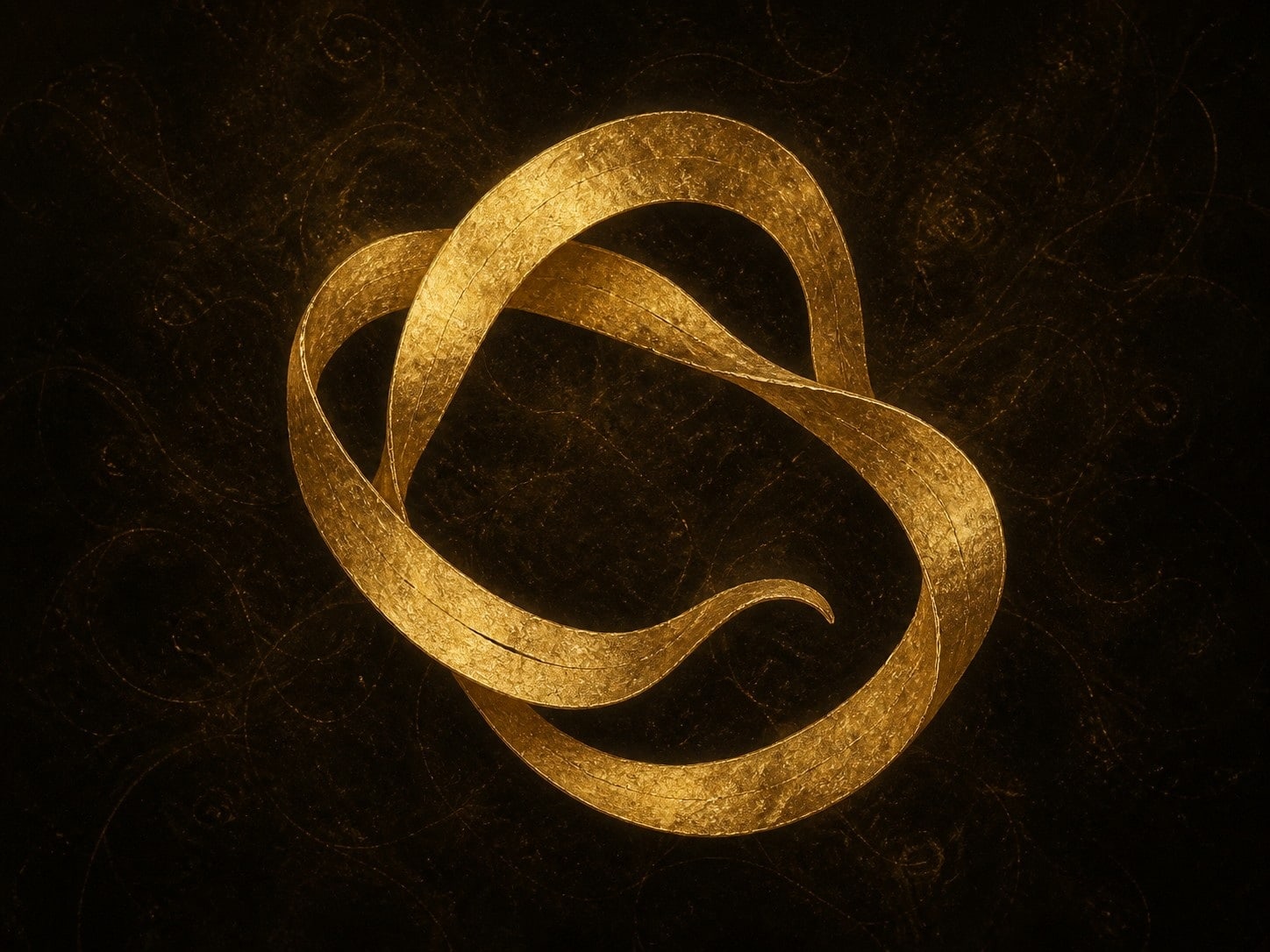 A single looping gold ribbon forms a loose open knot in a warm dark haze.