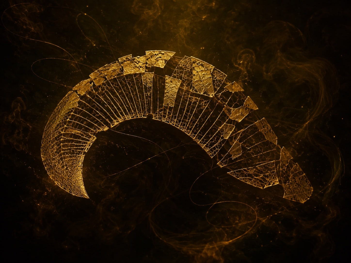 A delicate gold lattice arch with small gaps between its fine ribs floats in dark haze.