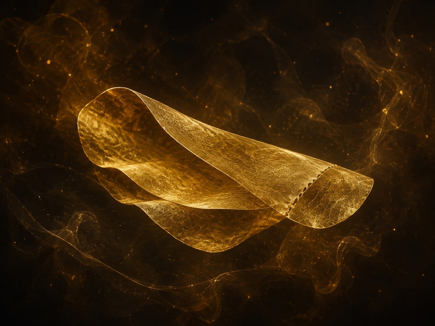 A thin gold sheet forms three overlapping pleats in warm dark haze.