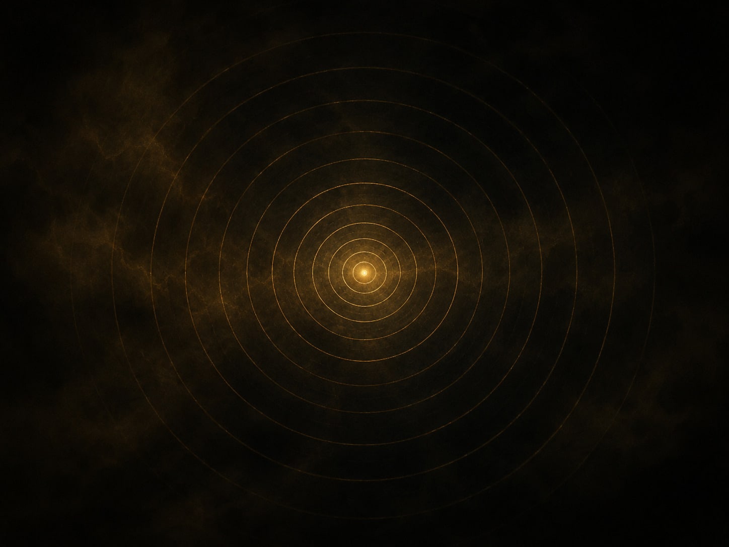 Fine concentric gold rings spreading outward from a single point in still darkness.
