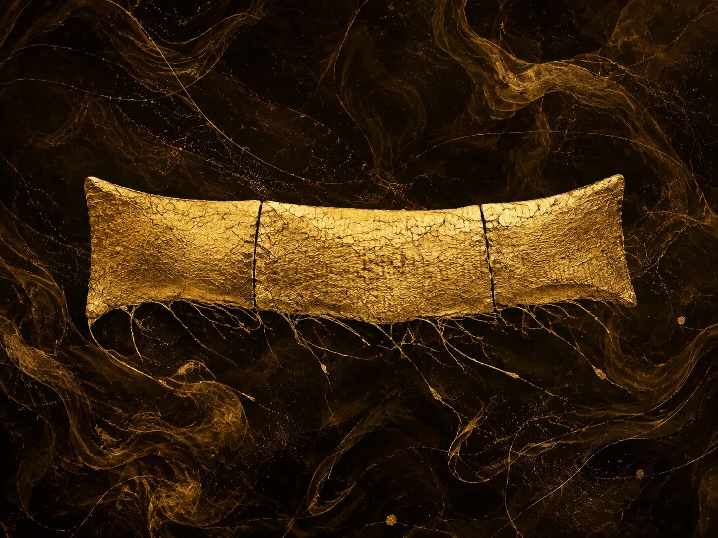 A bowed three-segment gold cushion emblem trails fine threads in a dark smoky void.