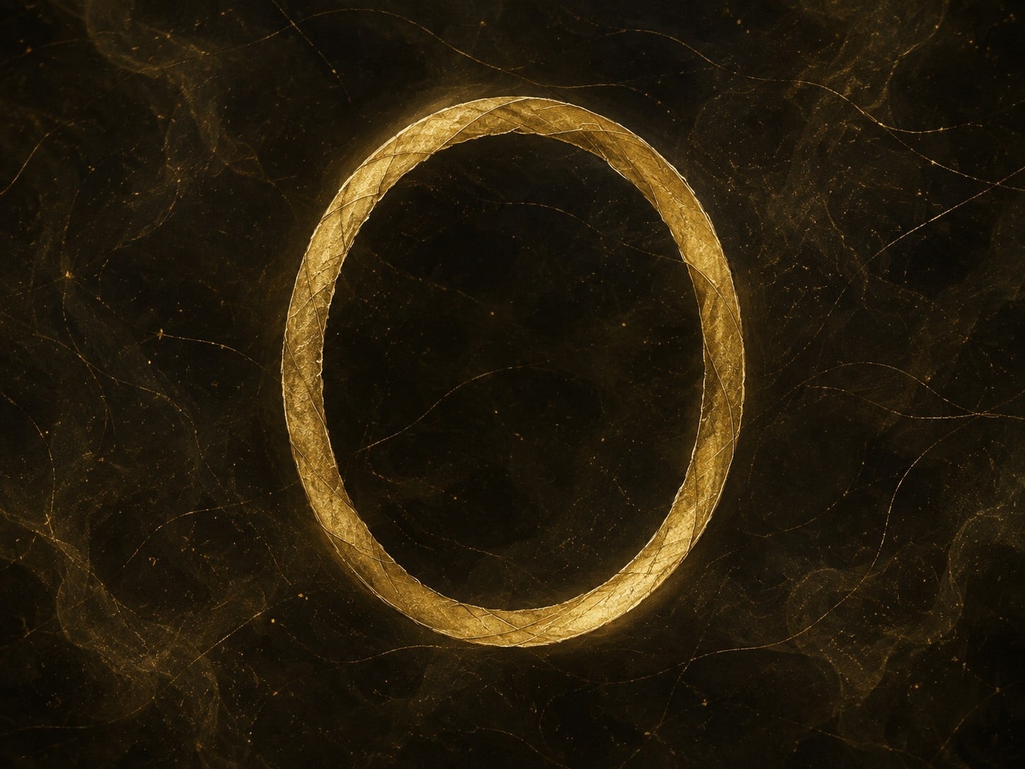 A thin rippling oval of gold with a faint spiral seam floats in a dark hazy void.