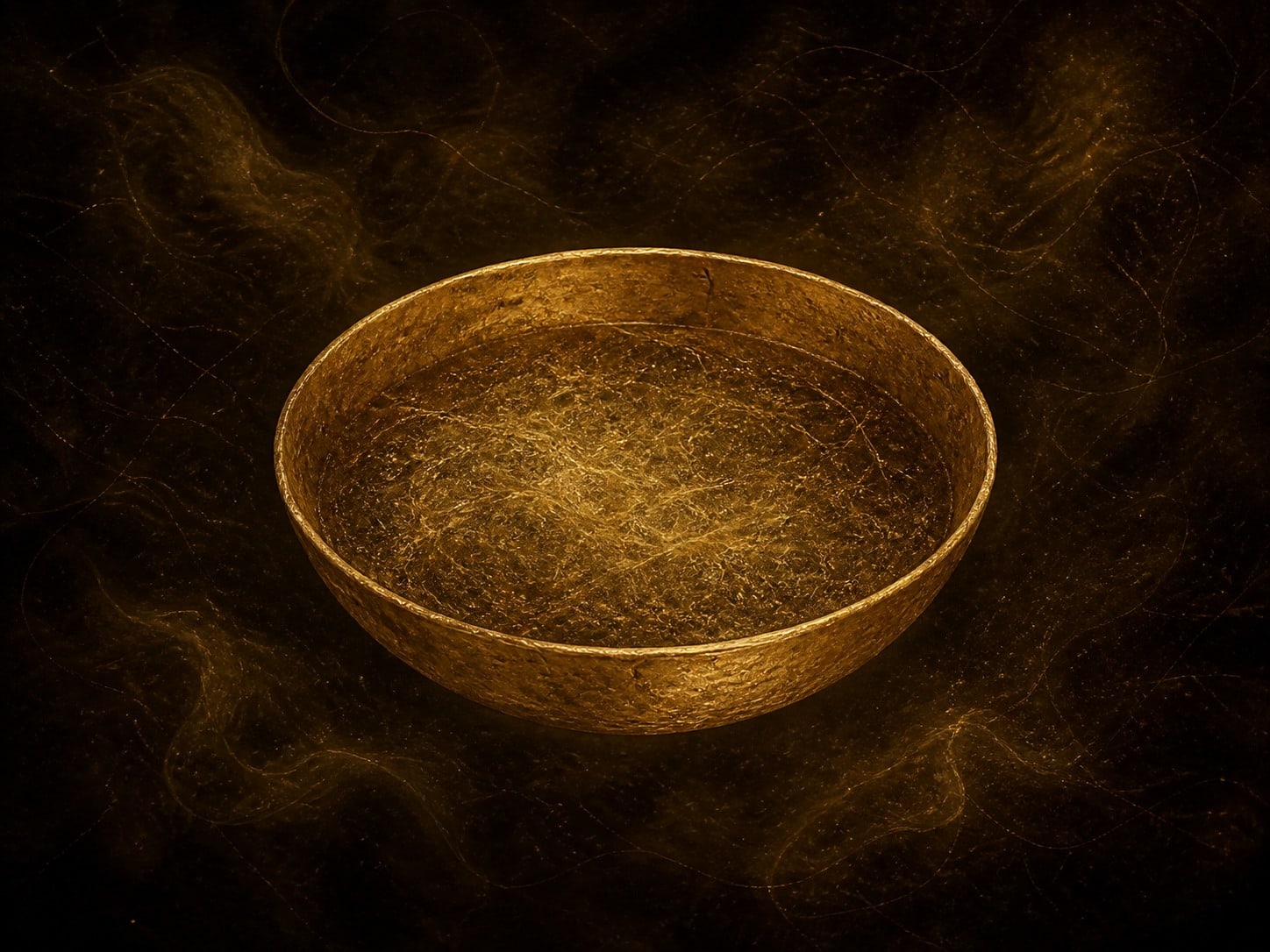 A shallow gold bowl holds a tangled swirl of granular gold strands and floats in dark haze.