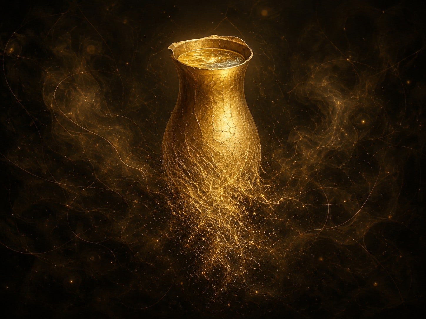 A narrow gold vessel breaks into fine gold filaments and dust at its base while floating in dark haze.