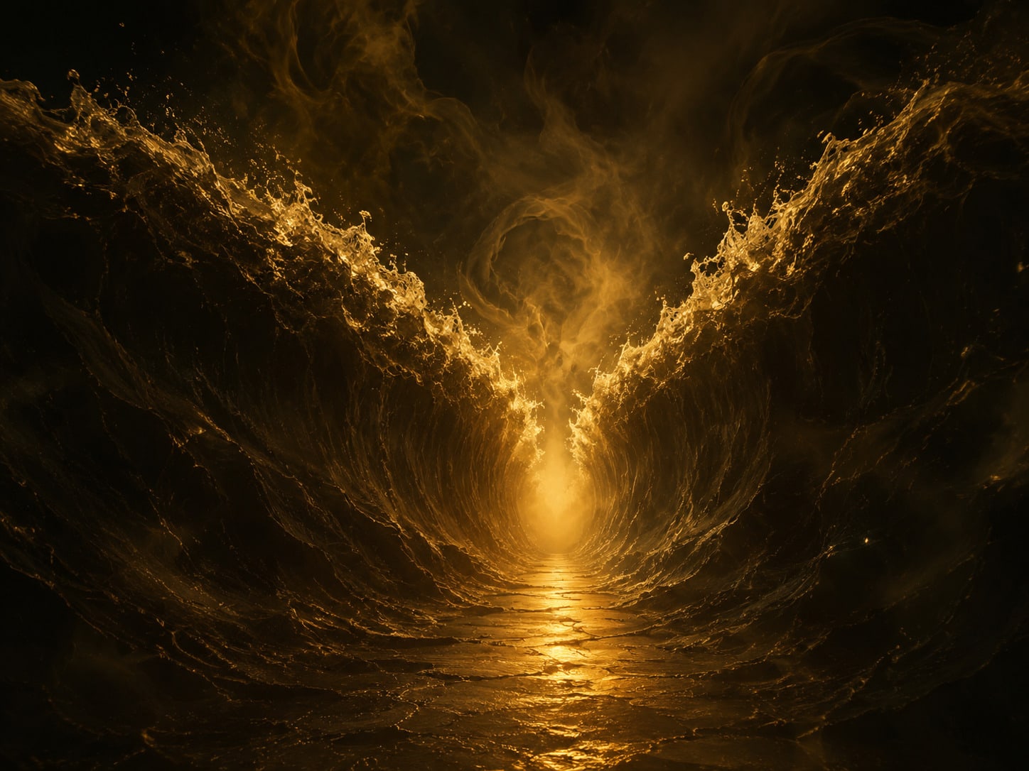 A dark sea parting into two walls with a path of gold light between.