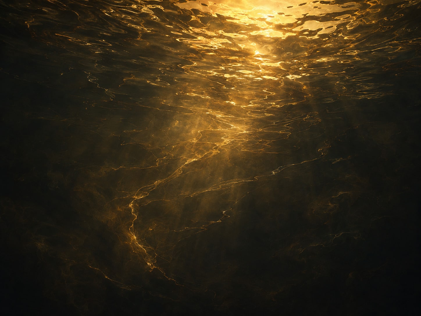 The underside of a rippling surface, gold light breaking through.