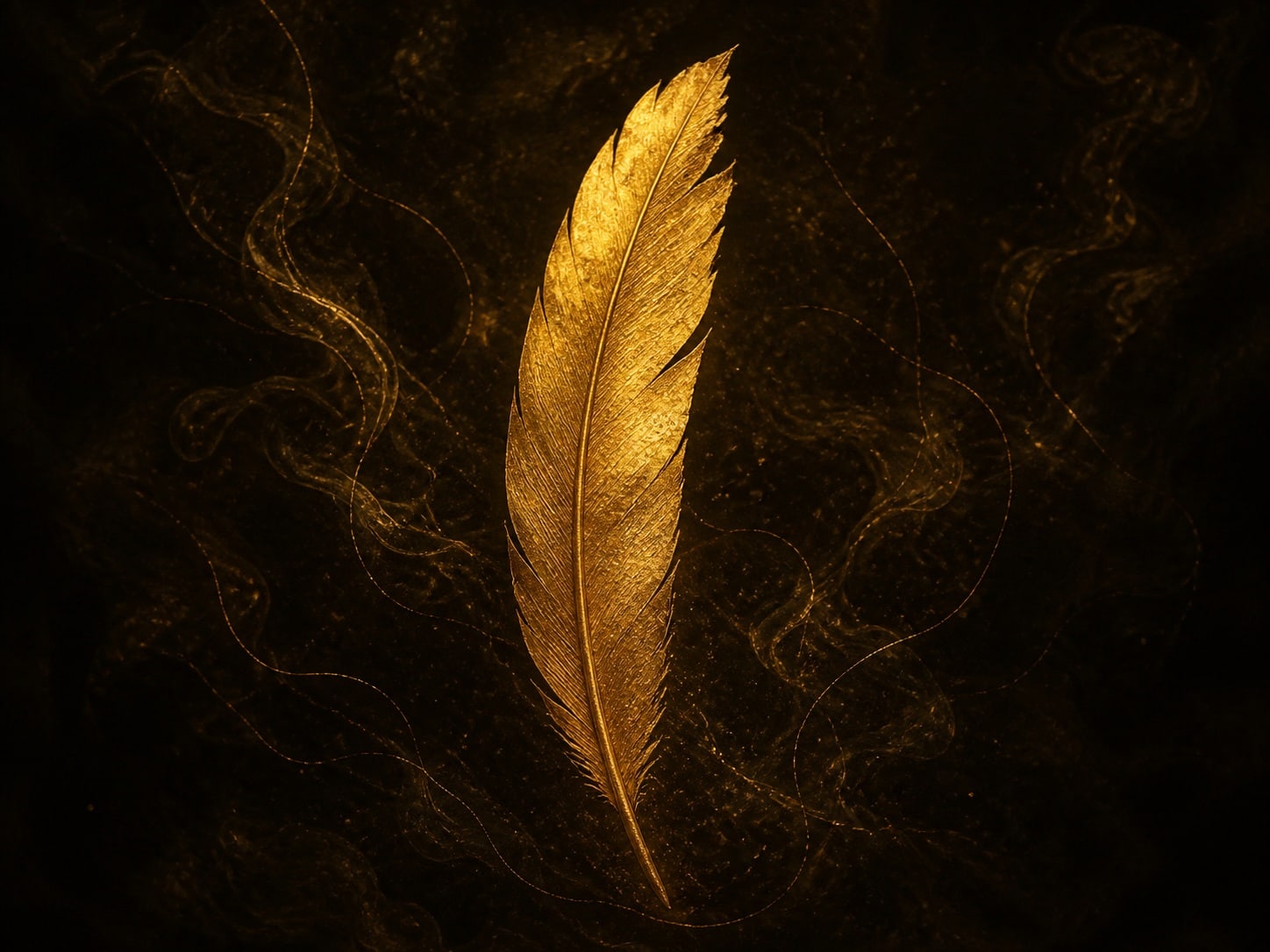A single gold feather with fine barbs along its length.