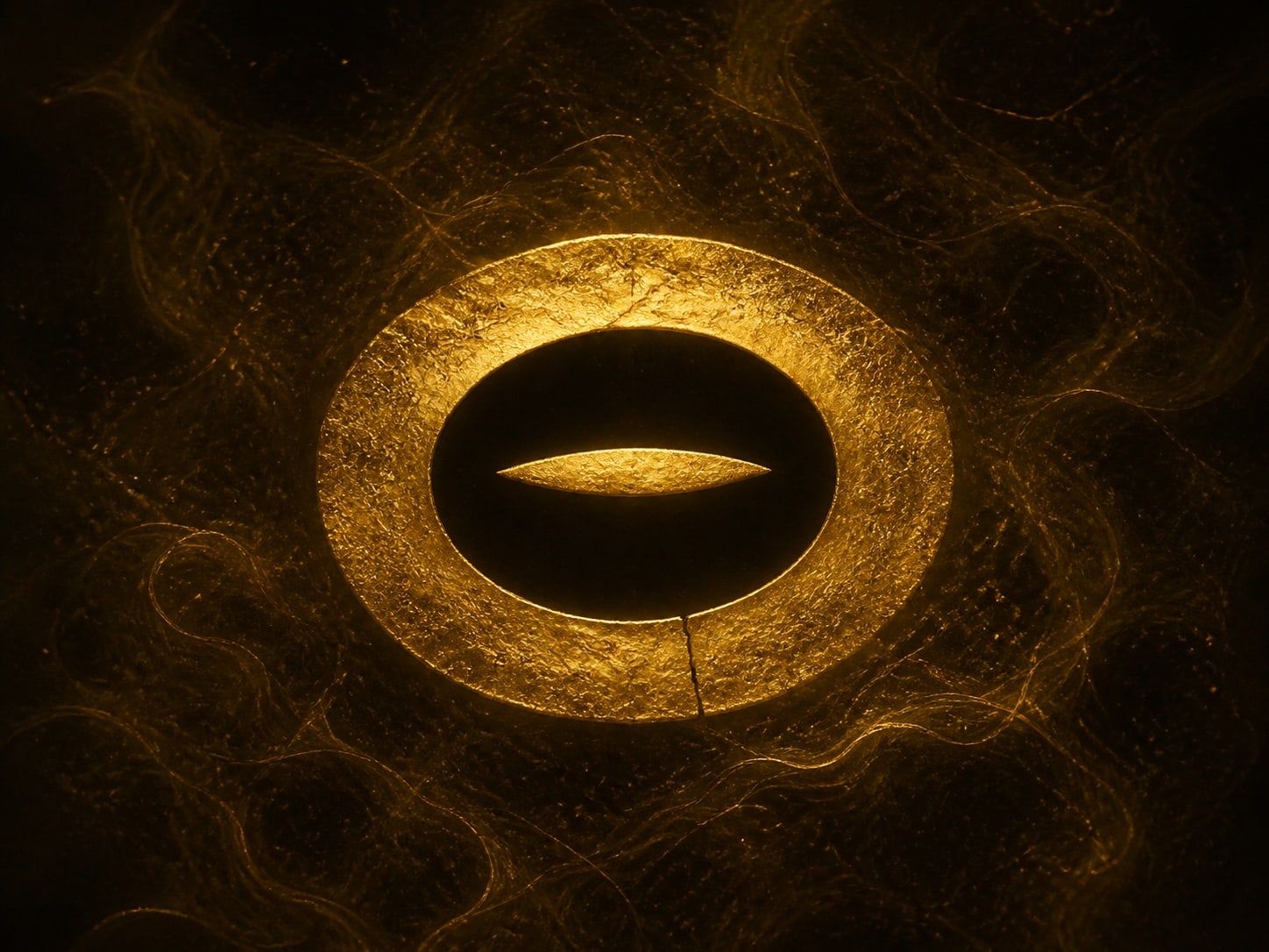 A thick gold oval ring enclosing a narrow horizontal slit.