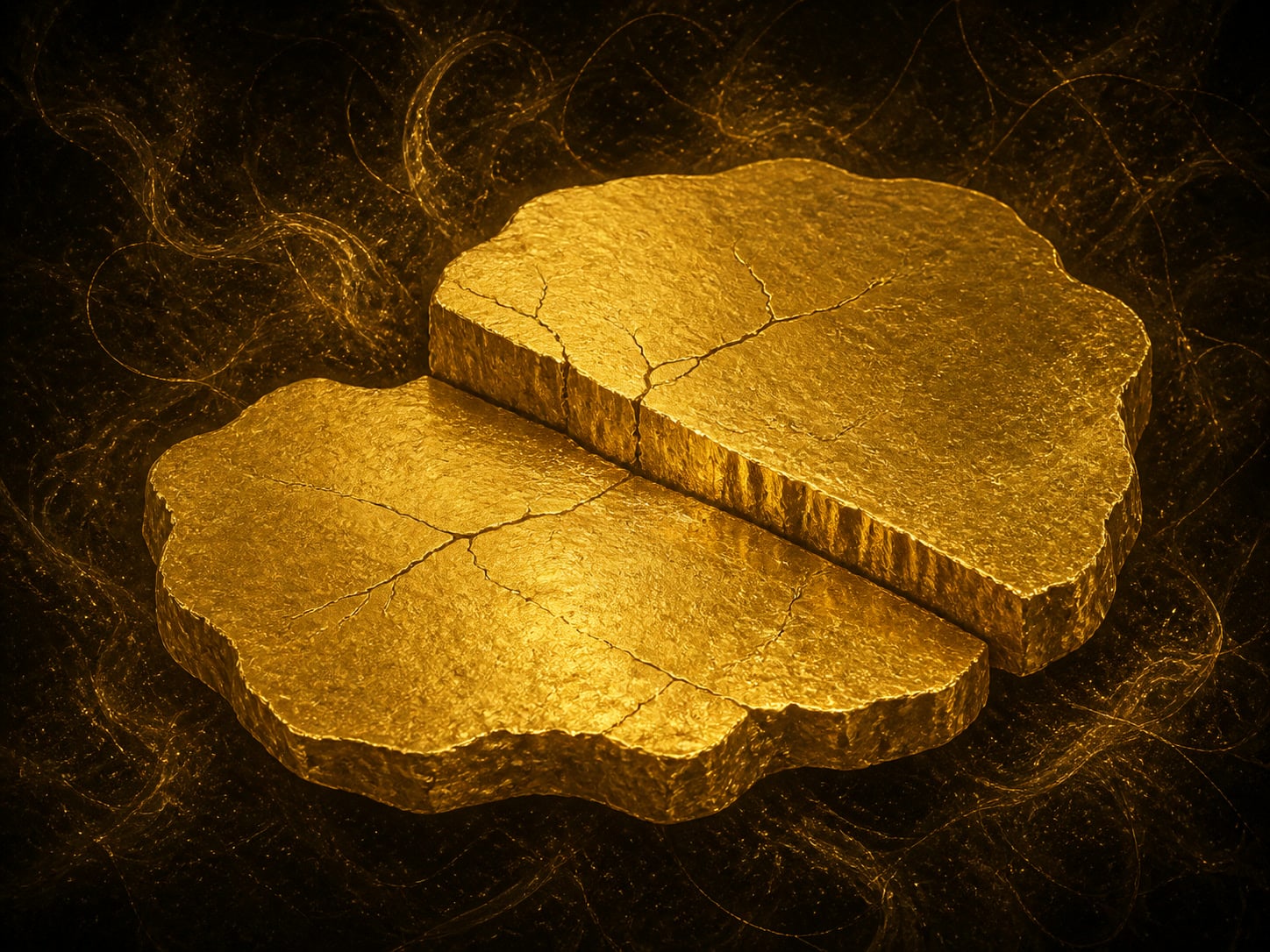 A thick textured gold slab is divided by a stepped fault, with one half raised above the other against a dark hazy background.