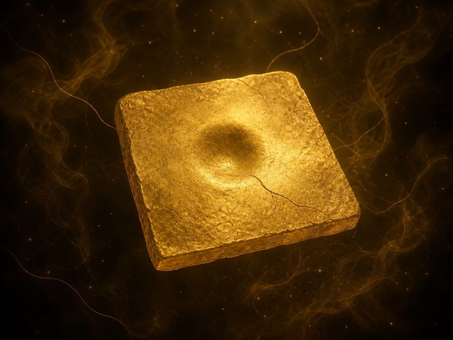 A textured square gold tile with a shallow central hollow and a thin crack floats in a dark hazy background.