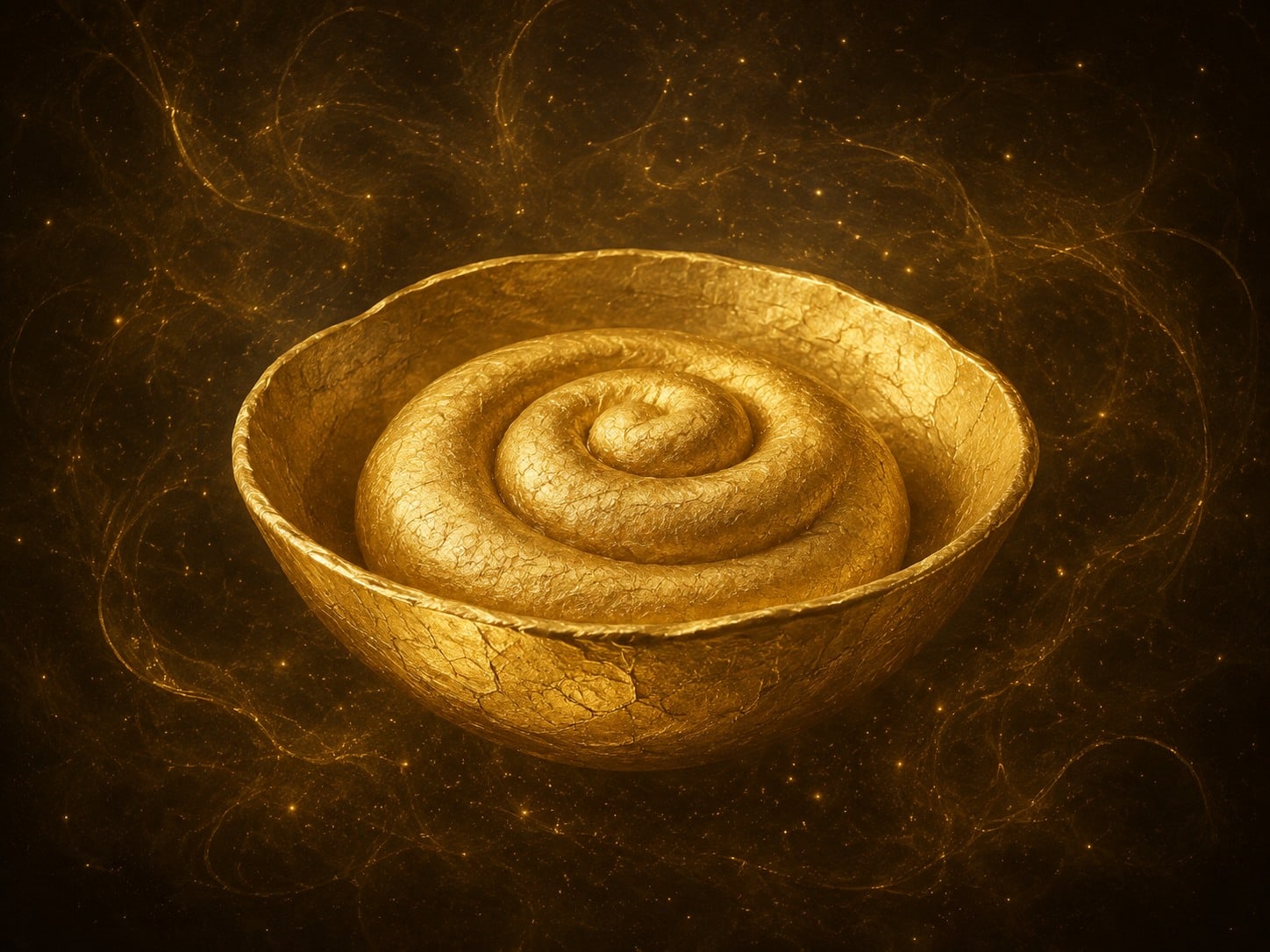 A luminous gold bowl holding a spiral of dough floats in a warm dark haze.