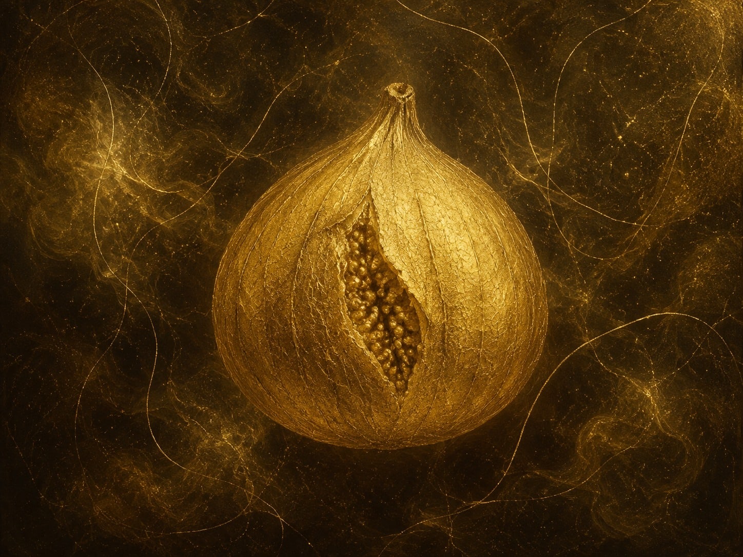A luminous gold fig with a small opening and visible seeds floats in a warm dark haze.