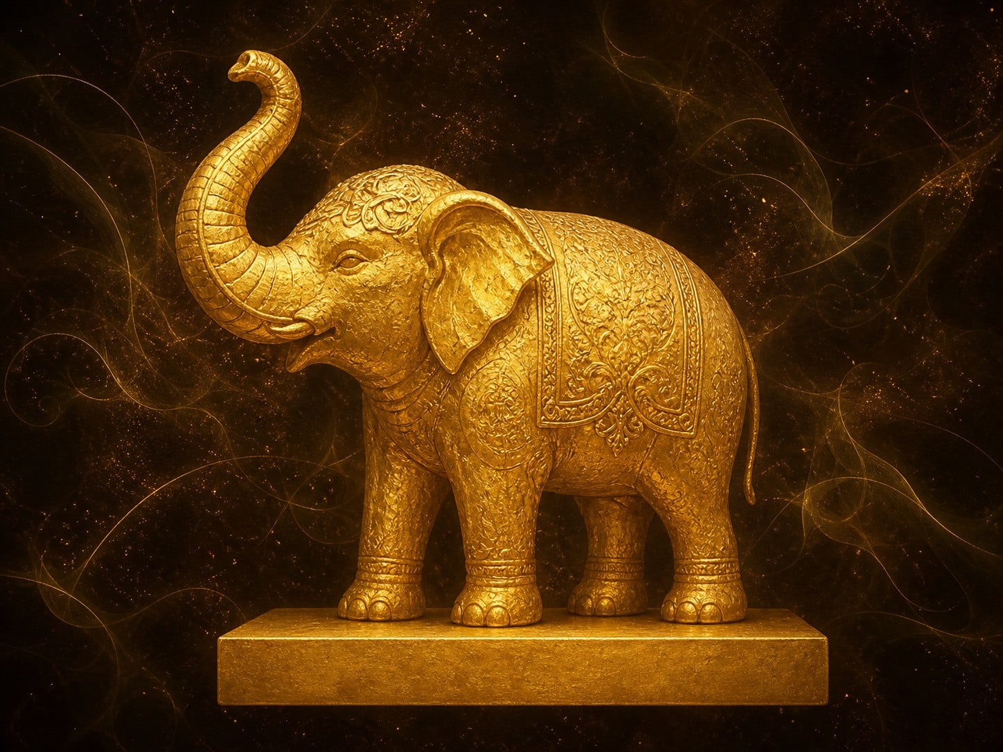 A gold ceremonial elephant with its trunk raised stands on a plain rectangular gold plinth against a dark smoky background.