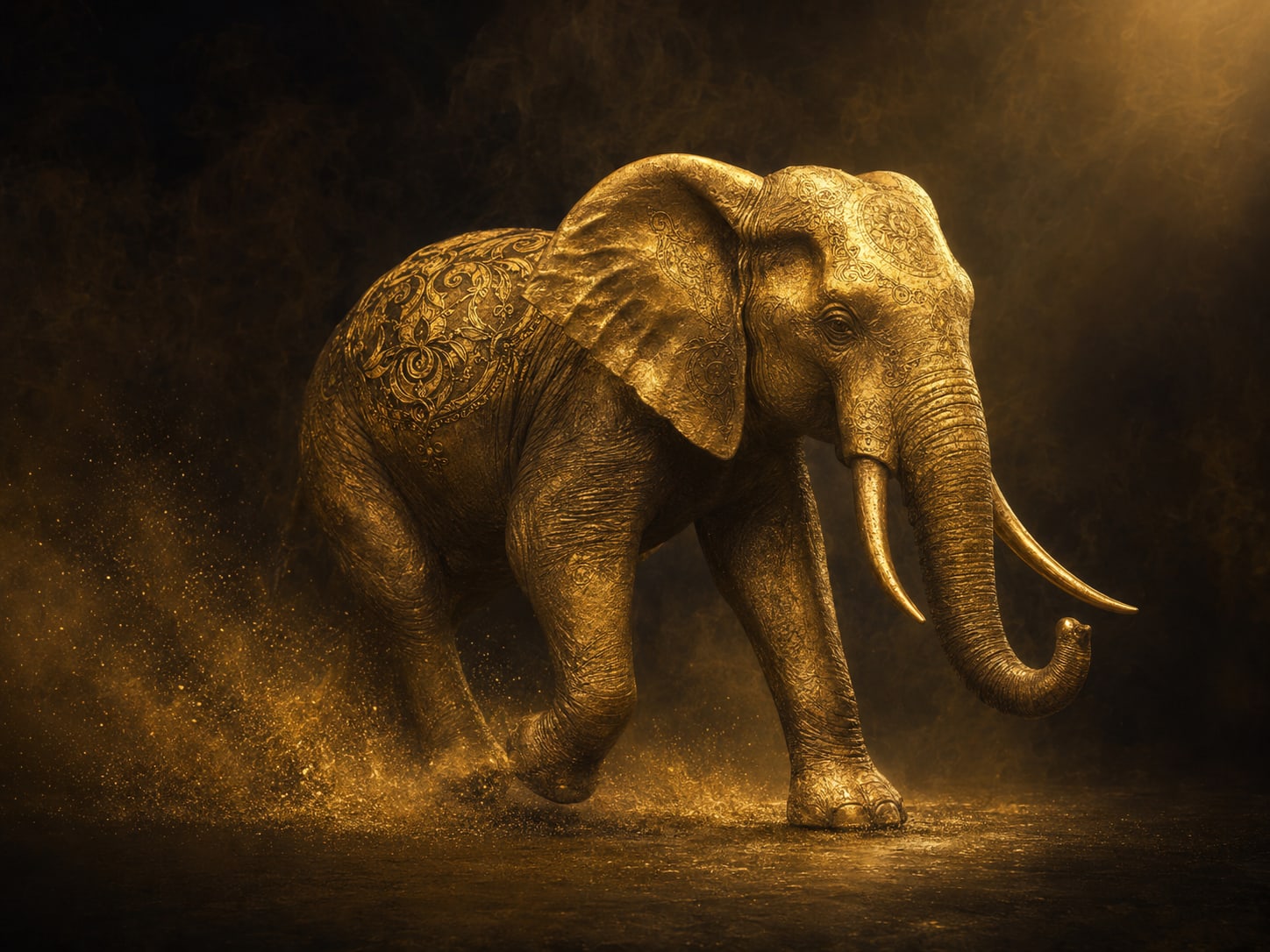 A gold elephant form mid-stride with fine gold dust lifting behind its feet.