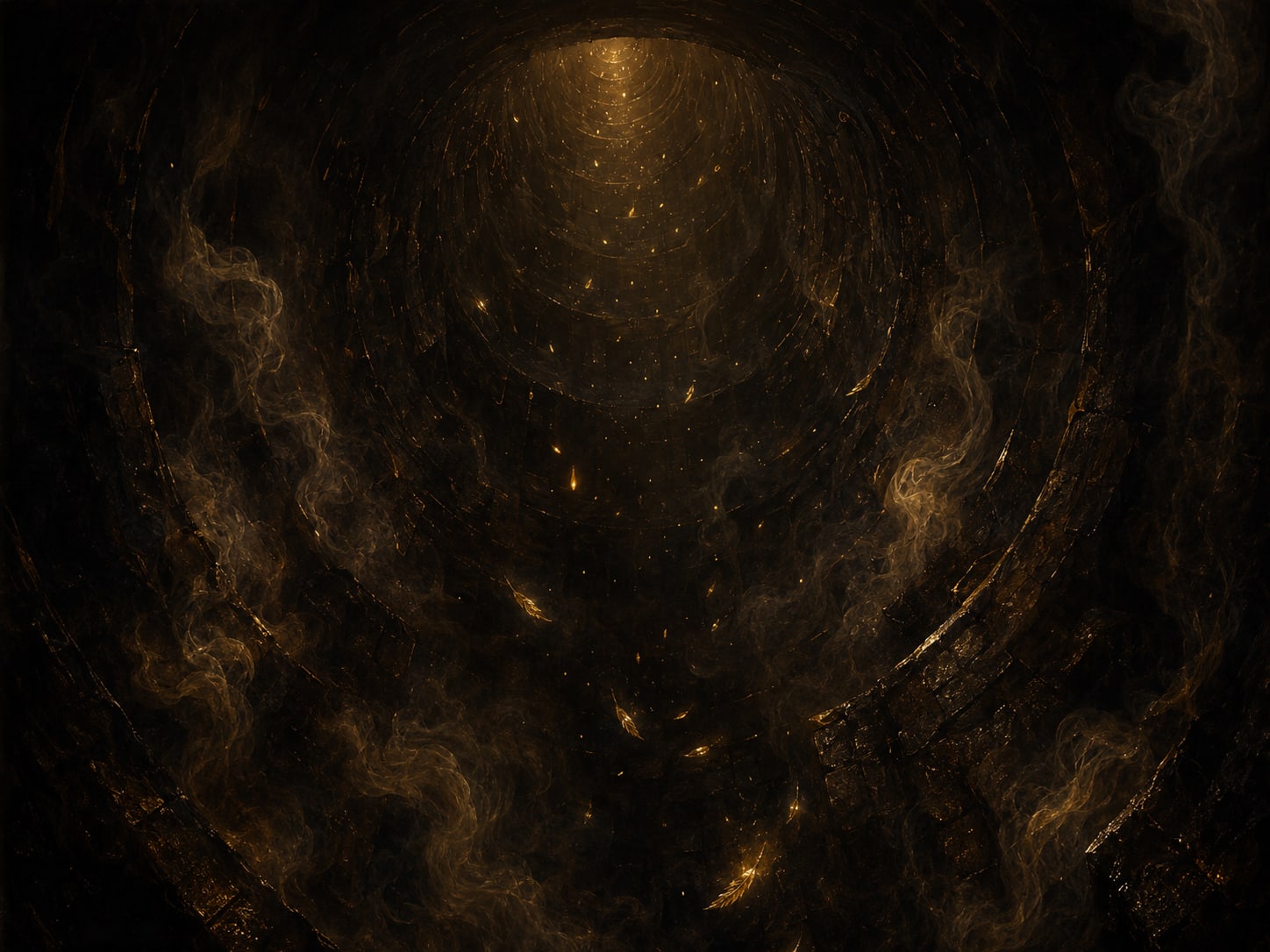 The smoke walled interior of a deep vertical shaft lit only by faint falling gold motes.