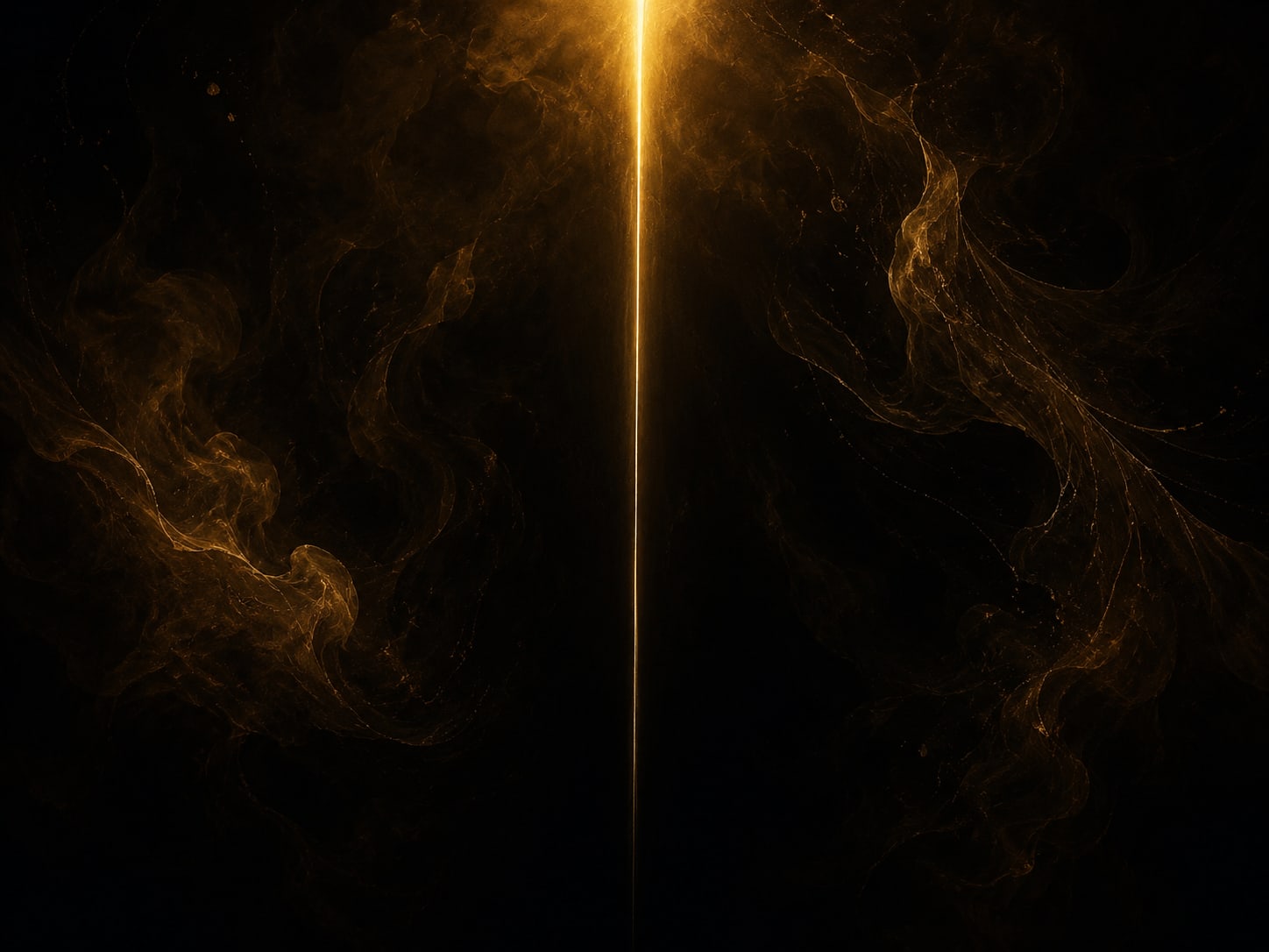 A plumb straight line of warm gold light dropping down a vertical dark field and thinning into blackness.