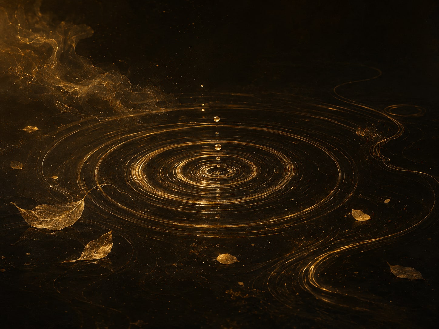 Rings of gold ripples frozen mid spread across a dark surface.