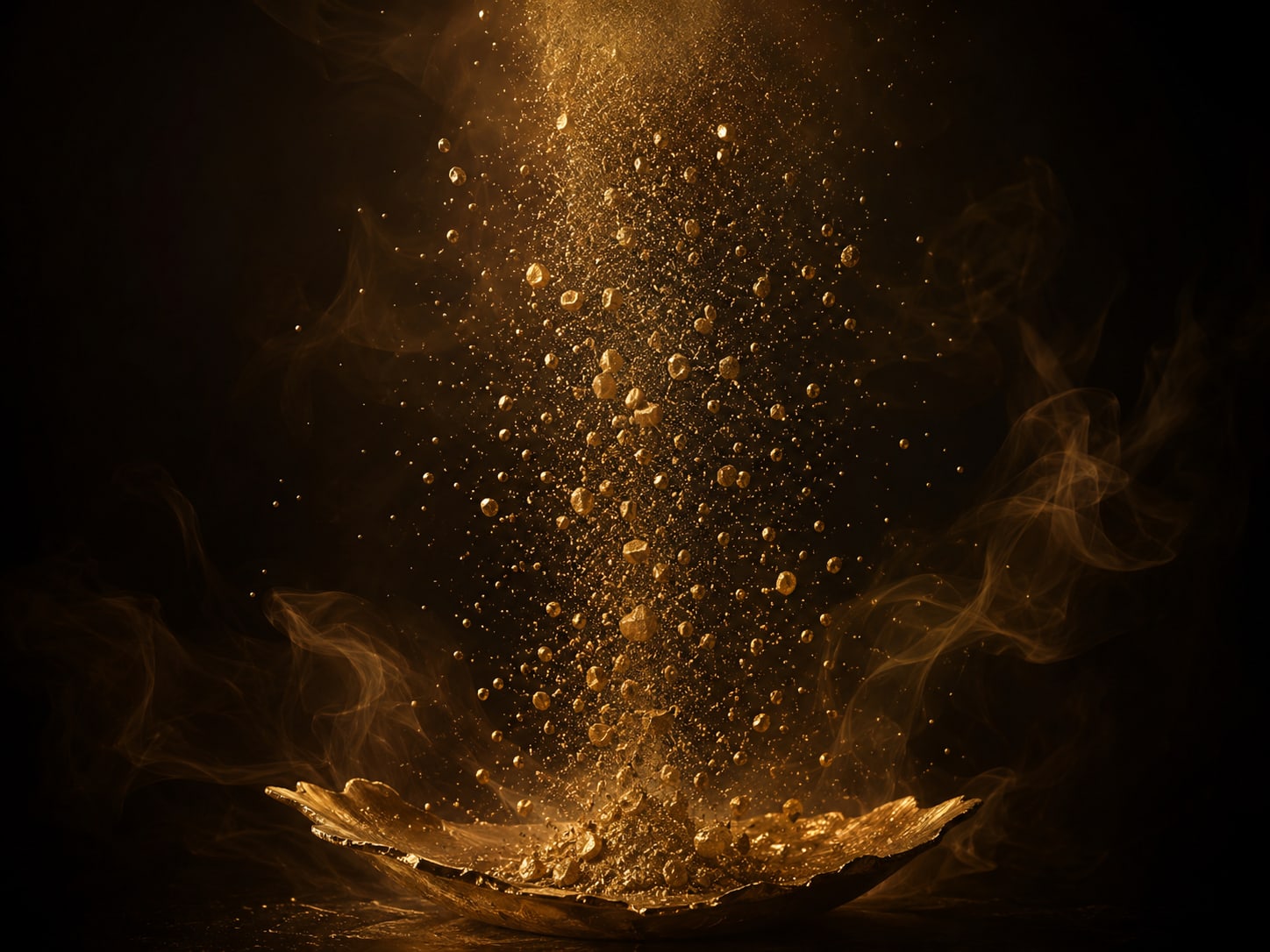 A cascade of gold dust halted mid stream, every grain hanging suspended in the dark.