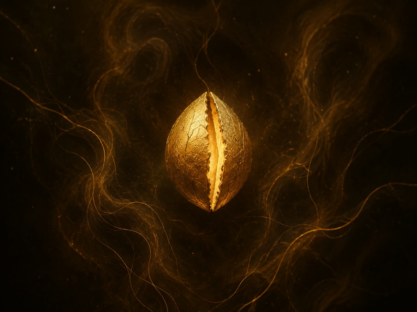 A small golden seed-shaped vessel opens along a glowing vertical seam in smoky dark haze.