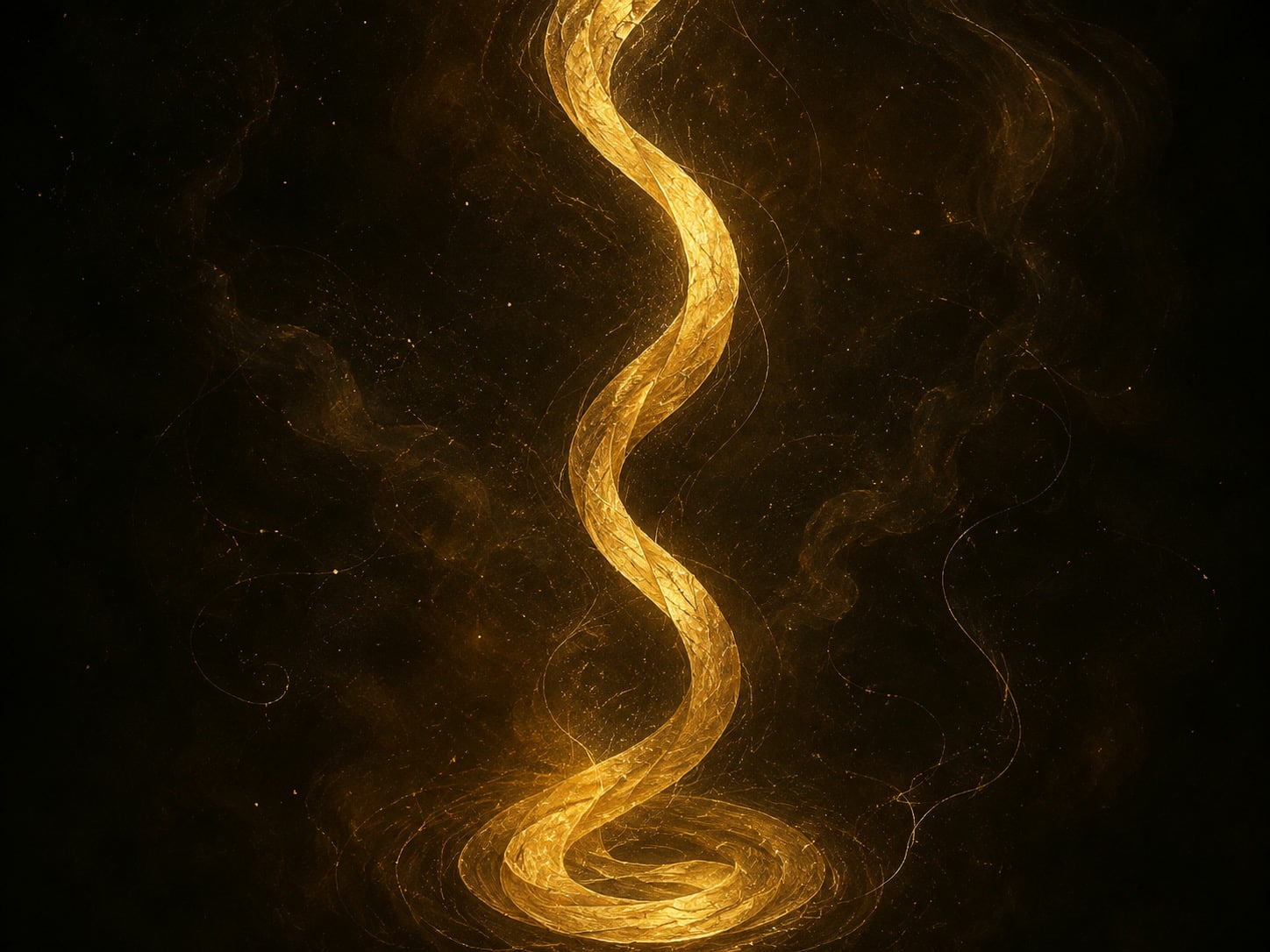 A braided golden strand rises from a small coil in smoky dark-gold haze.