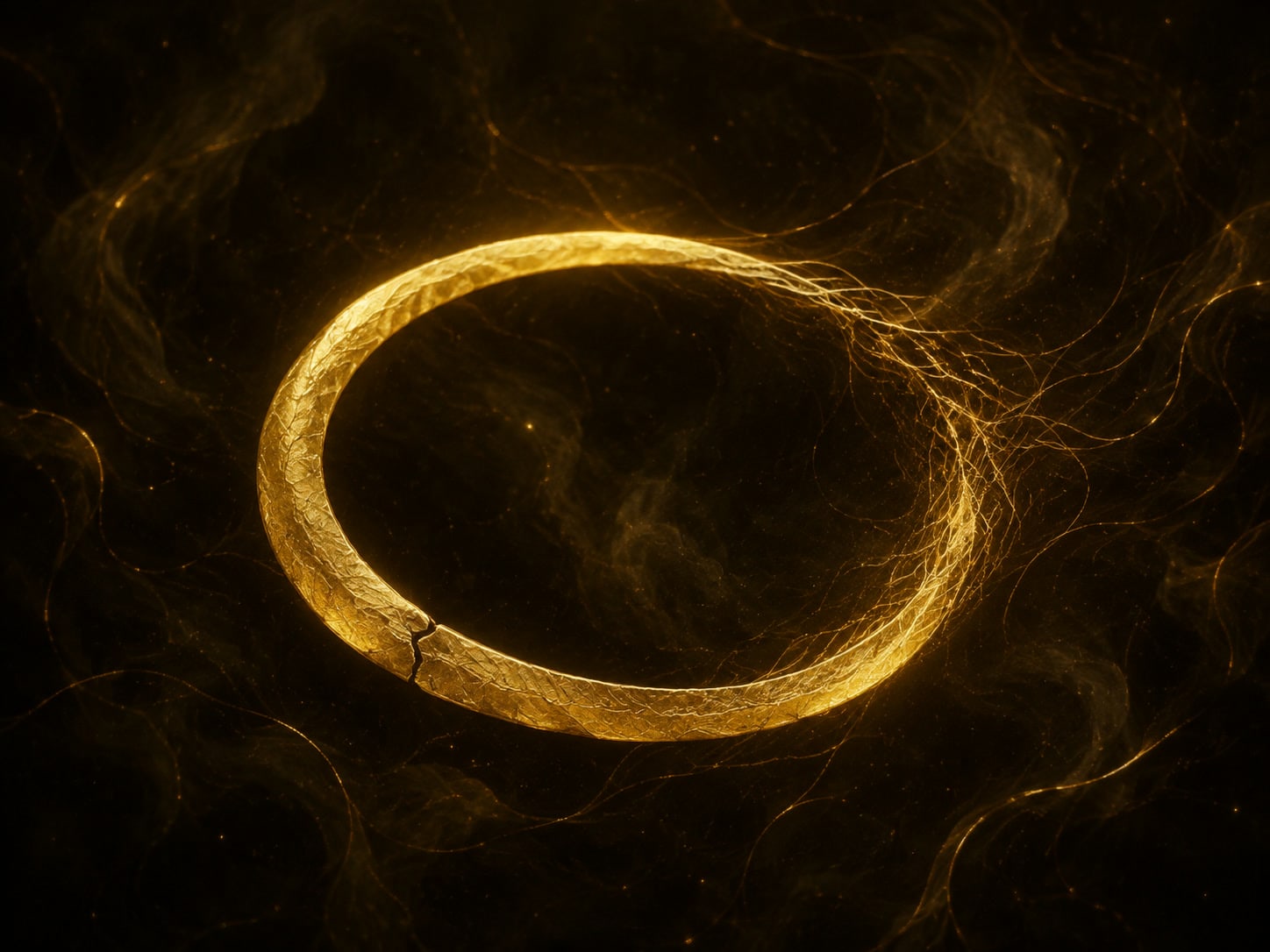 A low golden loop dissolves into fine drifting strands in a hazy dark void.