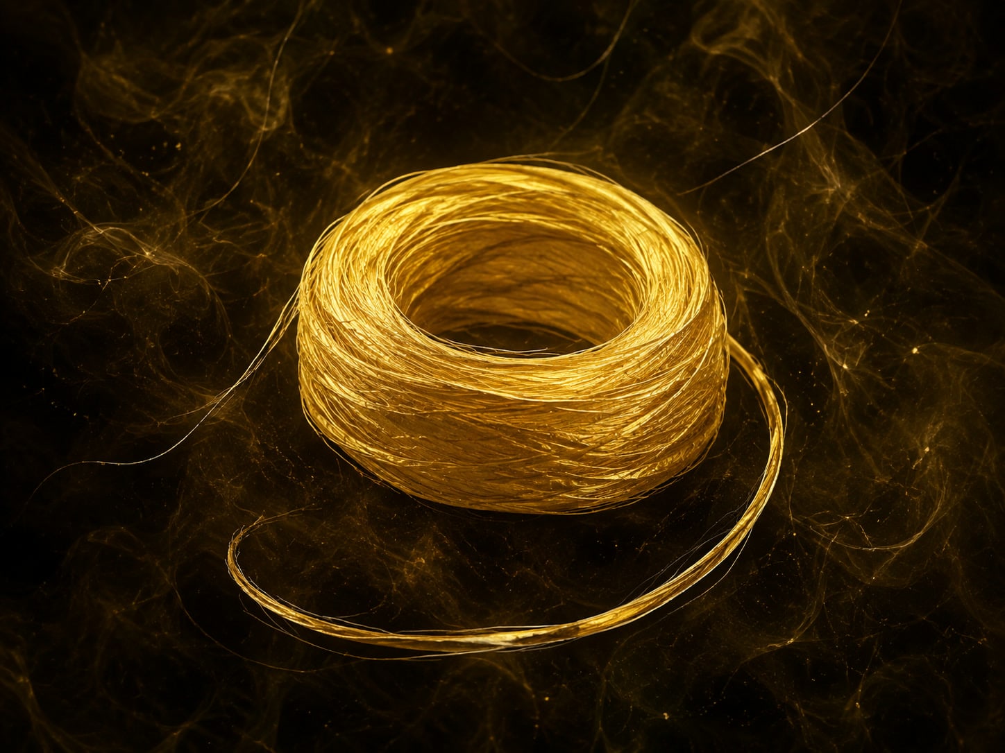A coiled golden thread loosens at one end in a smoky dark-gold void.