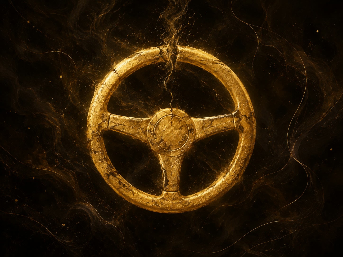 A circular golden steering wheel has a fine break across its upper rim in a smoky dark-gold void.