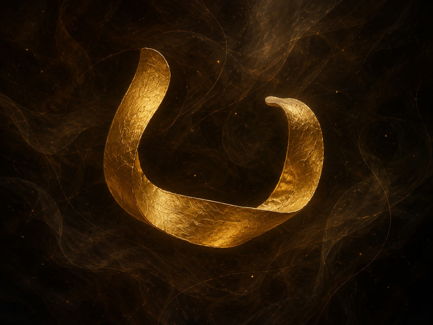 A loose golden seatbelt loop folds into a crescent amid smoky gold haze in a dark void.