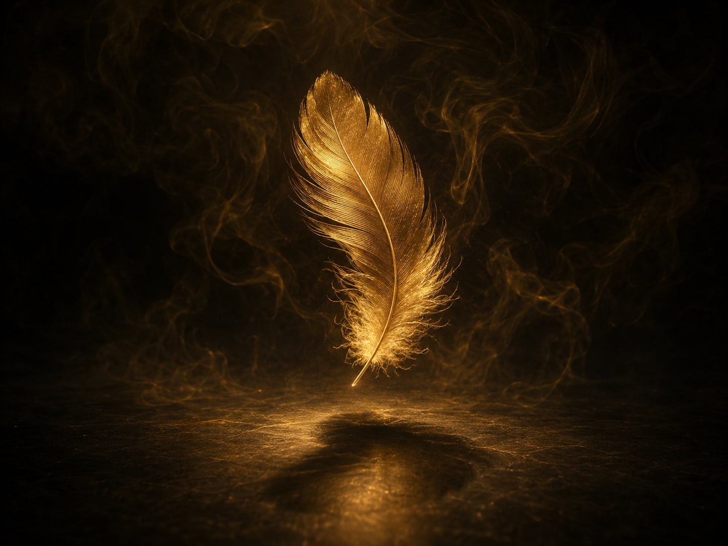 A gold feather caught at the instant before touching a faintly lit dark floor, its reflection rising to meet it.