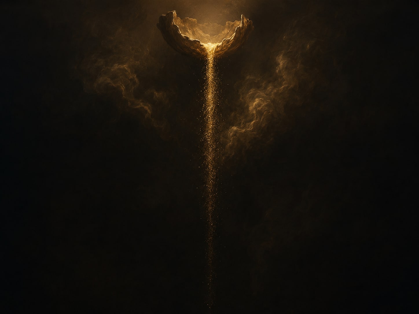 A thin stream of gold dust pouring straight downward and dissolving into deep shadow far below.