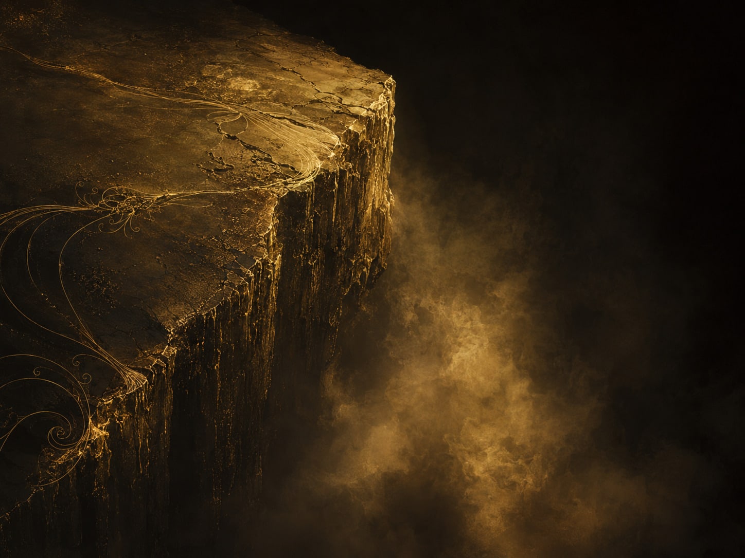 A sheer gold precipice edge seen from above, dropping into smoke.