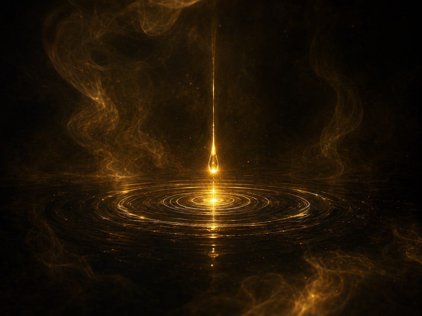 The instant a falling gold droplet meets a dark surface, one bright ring of ripples spreading outward.