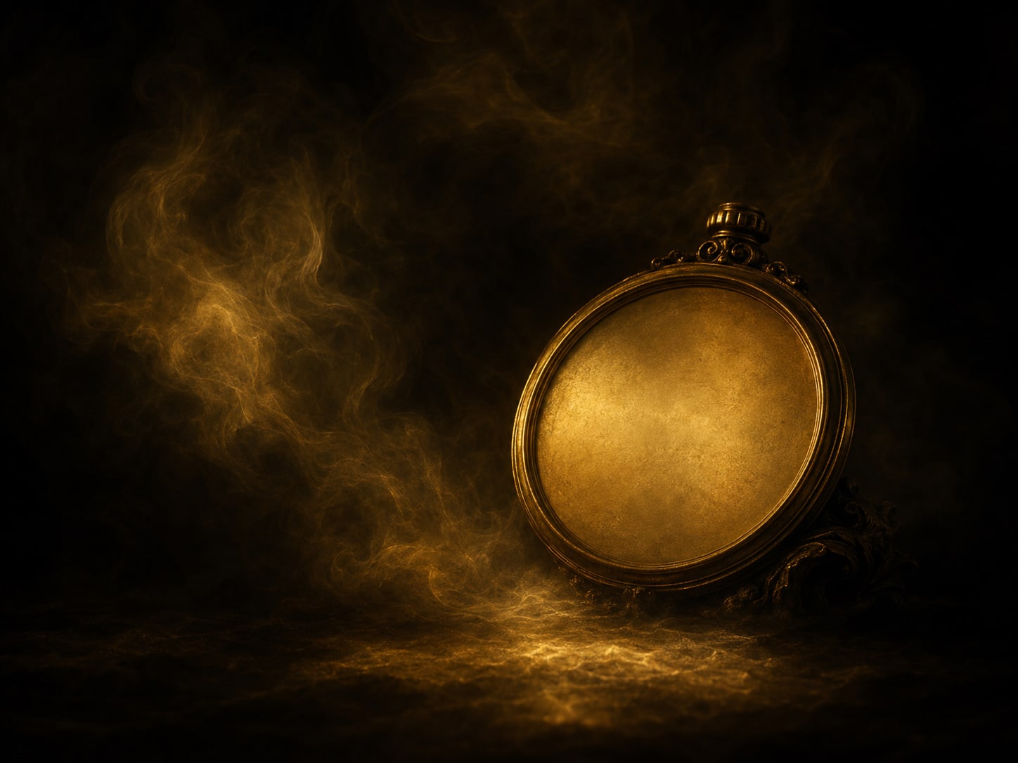 A round antique gold clock face carrying no numerals and no hands at all.