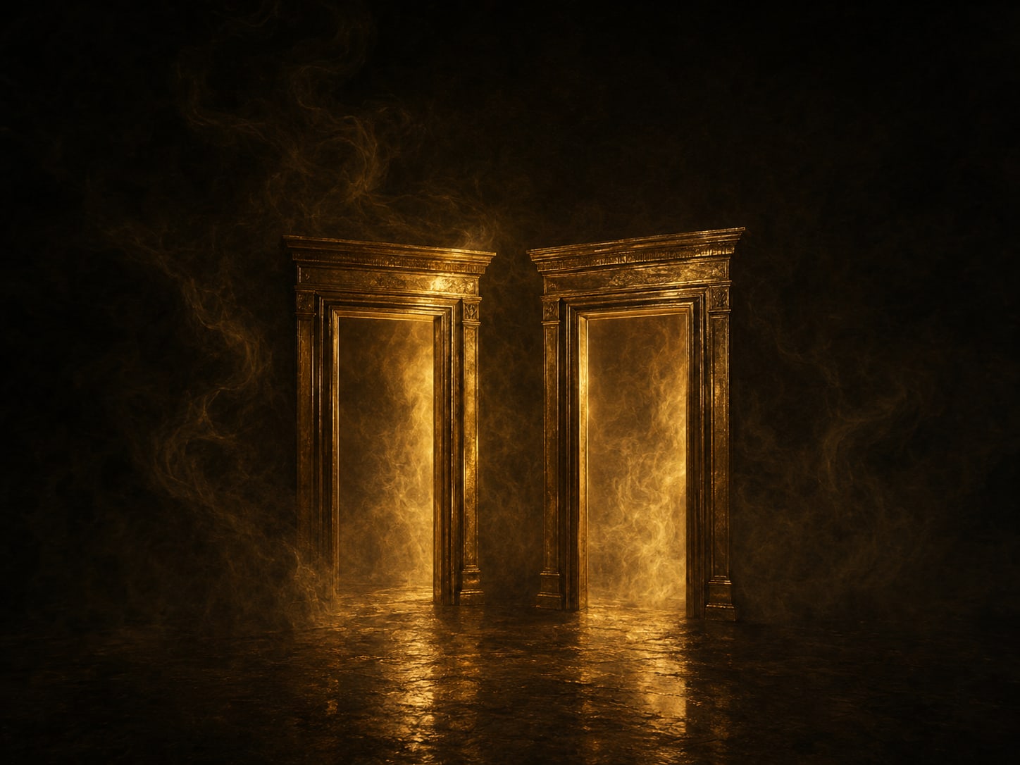 One glowing doorway repeated twice side by side, the second a fraction out of alignment.