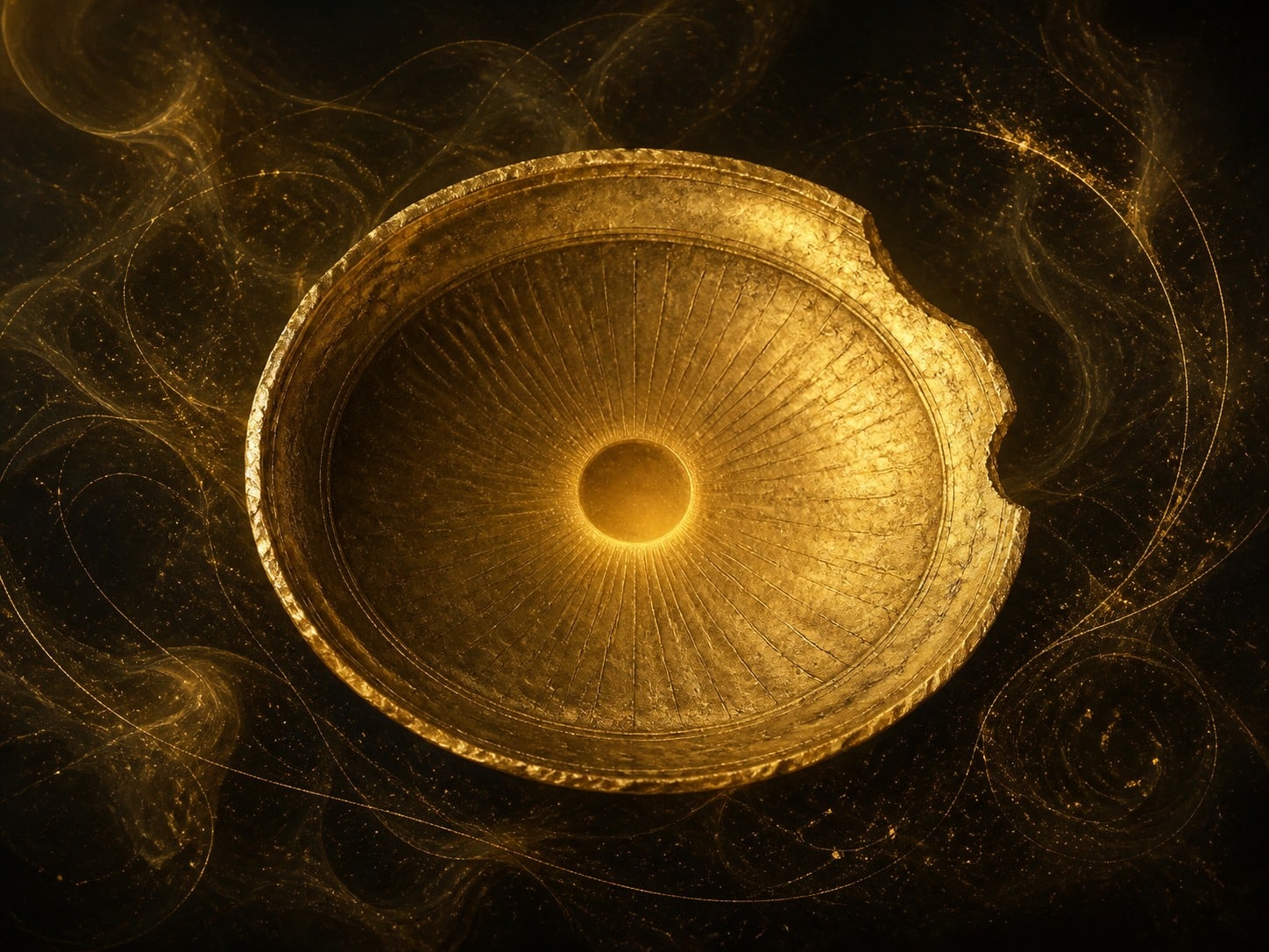 An oval gold plate with a crescent missing from its rim and a small central hollow floats in dark haze.