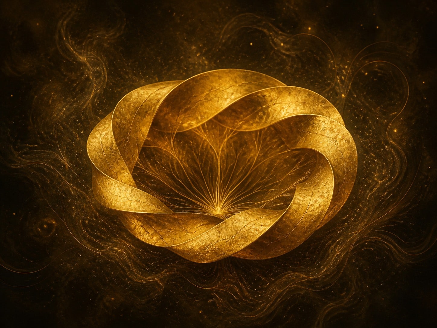 A low interwoven gold serving vessel with a central hollow floats in warm dark haze.
