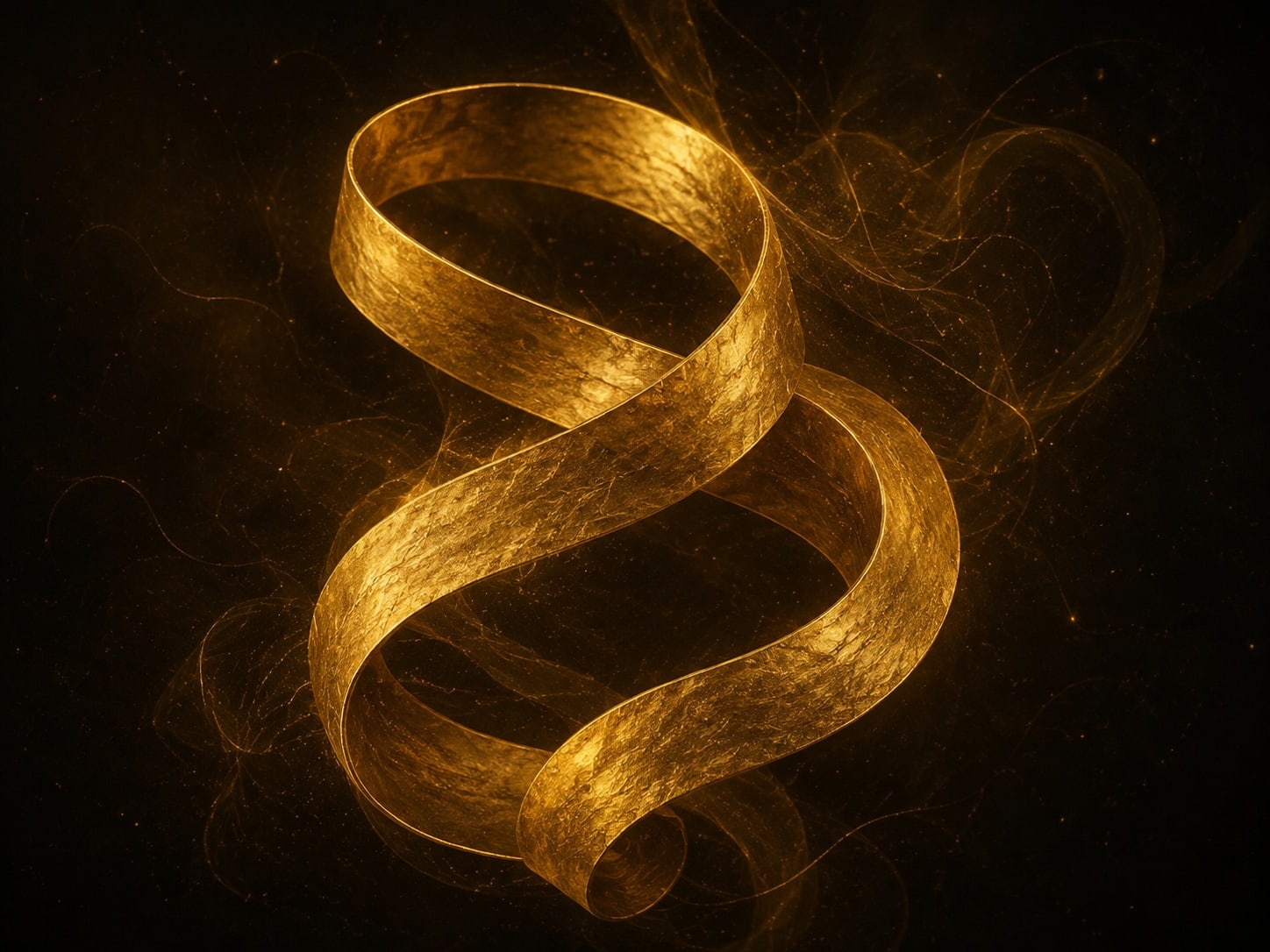 One continuous gold ribbon loops back through several soft folds in warm dark haze.